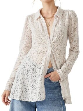 Free People Ivory Lace Button-Up Blouse